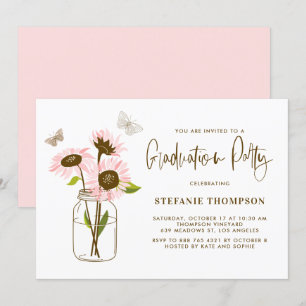 Convites Mason Jar com Festa de formatura rosa de girassóis