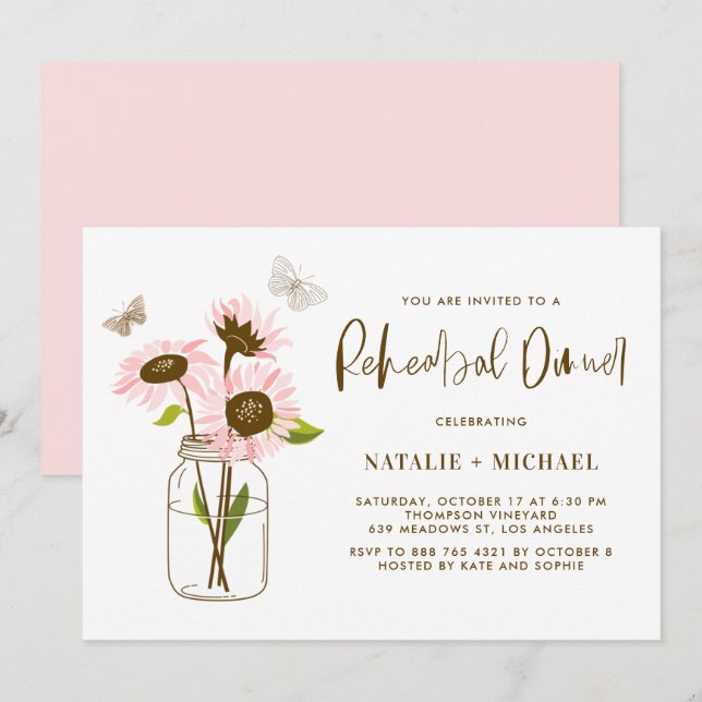 Convites Mason Jar com Janto de ensaio de girassóis rosa (Frente/Verso)