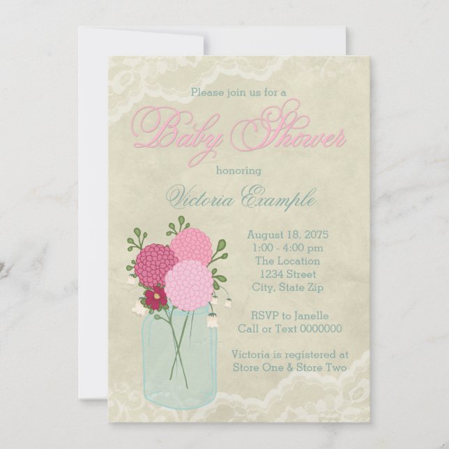 Convites Mason Jar e Lace Chá de fraldas (Frente)