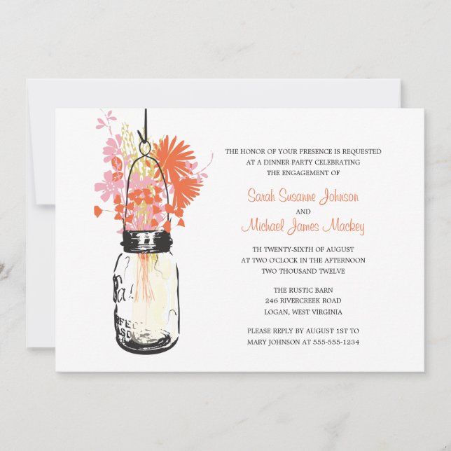 Convites Mason Jar e Noivado de Casamento de Flores Silvest (Frente)