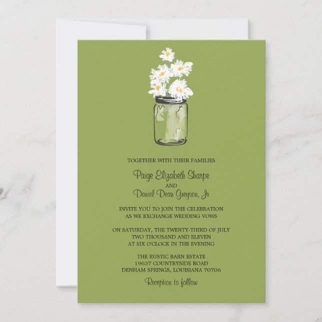 Convites Mason Jar e White Daisies | Casamento Verde (Frente)