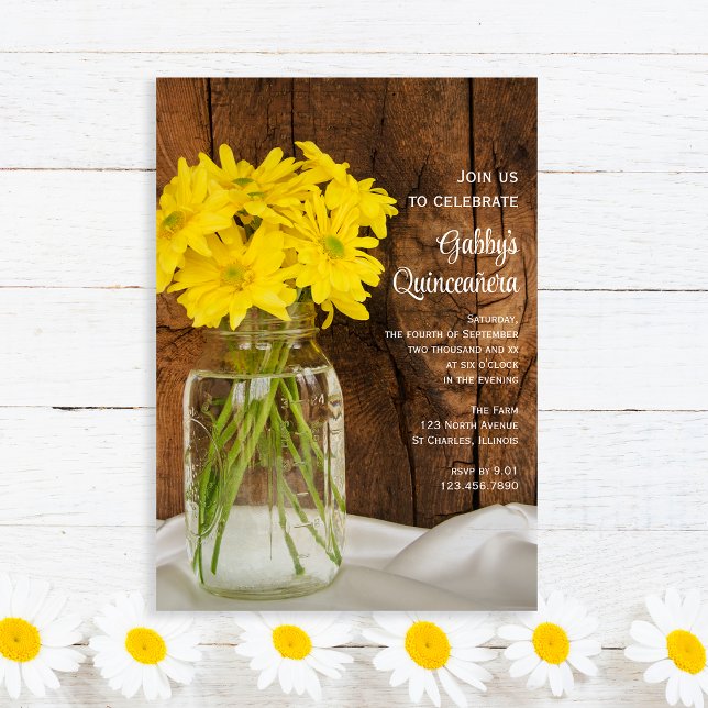 Convites Mason Jar e Yellow Daisies Quinceañera (Criador carregado)