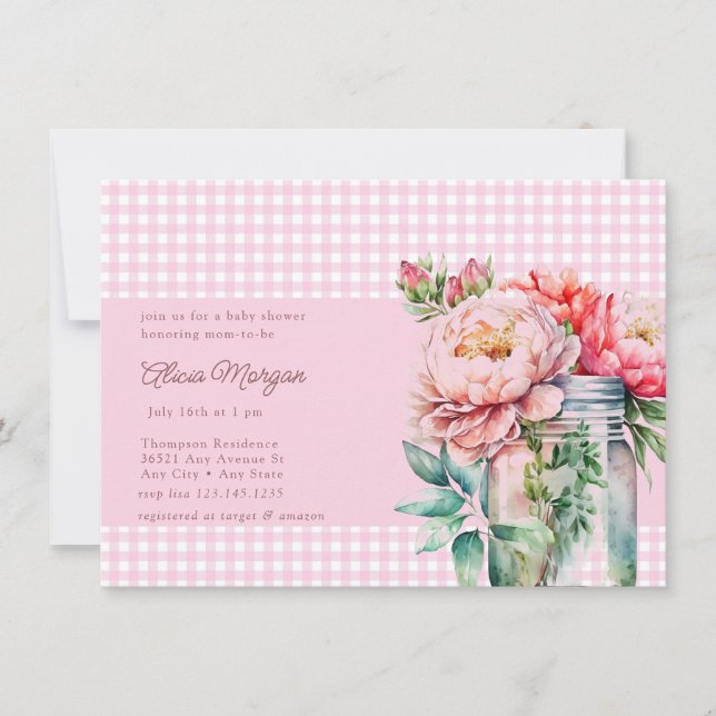 Convites Mason Jar Floral | Chá de fraldas russo (Frente)