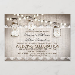 Convites Mason Jar Lights - Burlap Lace Rustic Wed