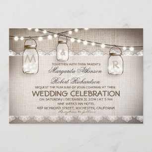 Convites Mason Jar Lights - Burlap Lace Rustic Wed