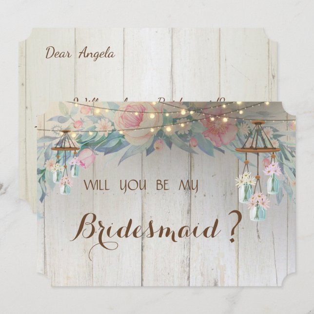 Convites Mason Jar Lights, Flowers, Wood Bridesmaid Card (Frente/Verso)