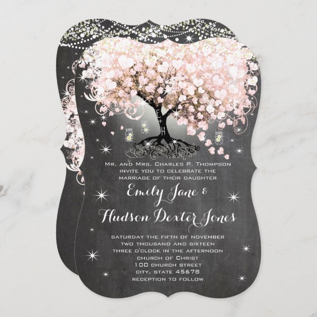 Convites Mason Jar Pink Chalkboard Heart Leaf Tree (Frente/Verso)