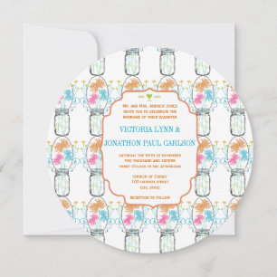 Convites Mason Jar Pink Coral Limão Aqua Casamento Floral