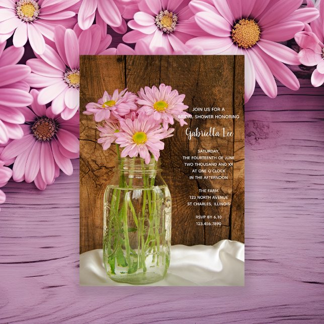 Convites Mason Jar Pink Daisies Country Barn Chá de panela (Criador carregado)