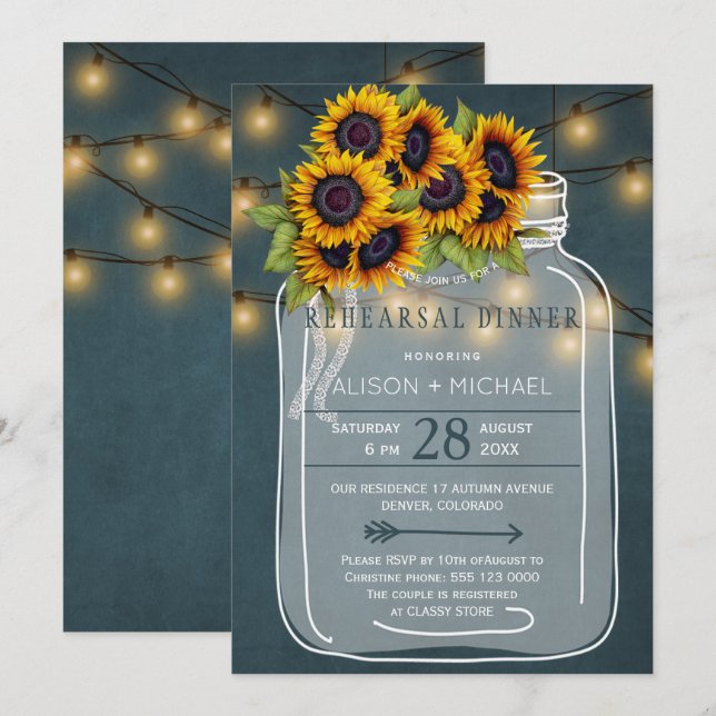 Convites Mason jar russo com janto de ensaio de girassóis (Frente/Verso)