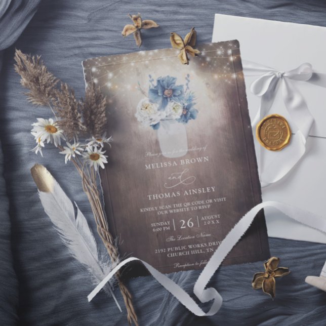 Convites Mason Jar Rustic Country Budget QR Code Wedding (Criador carregado)