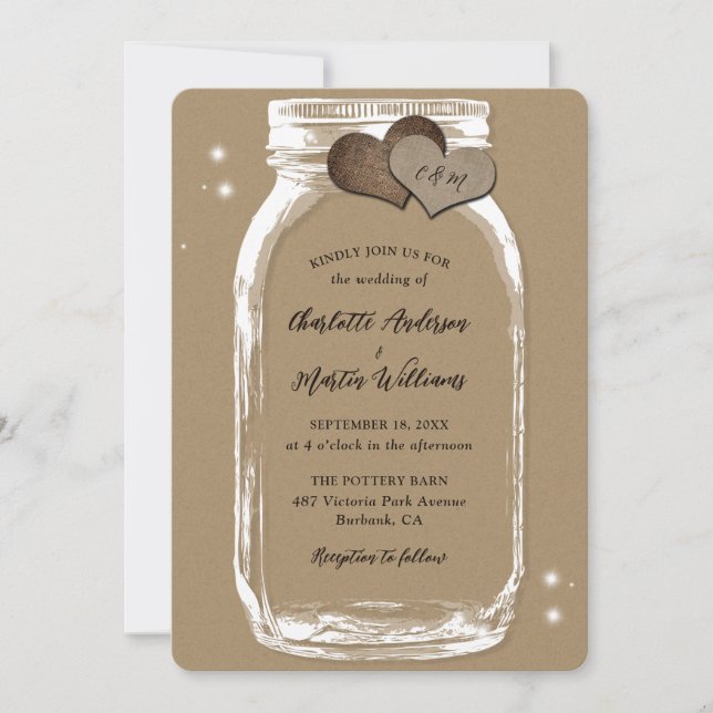 Convites Mason Jar Rustic Country Kraft Paper Casamento (Frente)