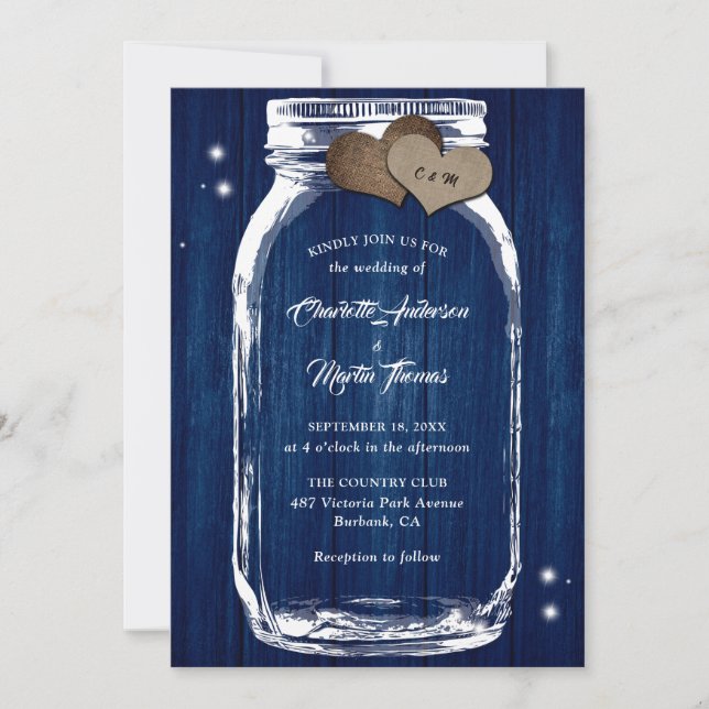 Convites Mason Jar Rustic Country Wood Marinho Blue Weding (Frente)