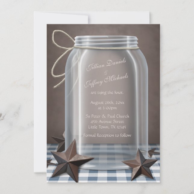 Convites Mason Jar Rustic Stars Blue Gingham Wedding (Frente)