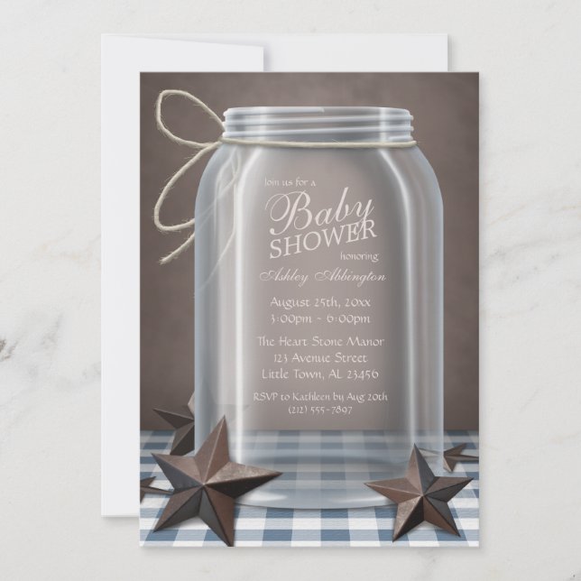 Convites Mason Jar Rustic Stars Chá de fraldas Azul Gingham (Frente)