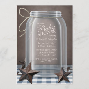 Convites Mason Jar Rustic Stars Chá de fraldas Azul Gingham