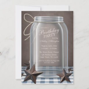 Convites Mason Jar Rustic Stars Festa de aniversário Azul