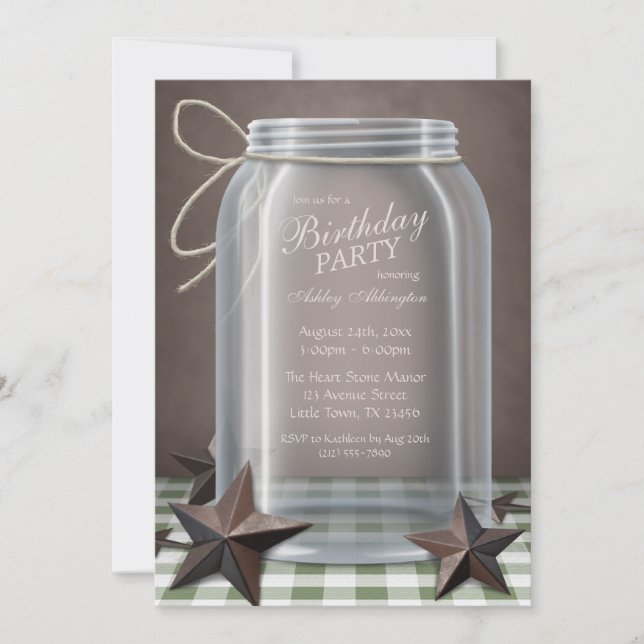 Convites Mason Jar Rustic Stars Green Gingham Birthday (Frente)
