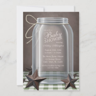 Convites Mason Jar Rustic Stars Green Gingham Chá de frald