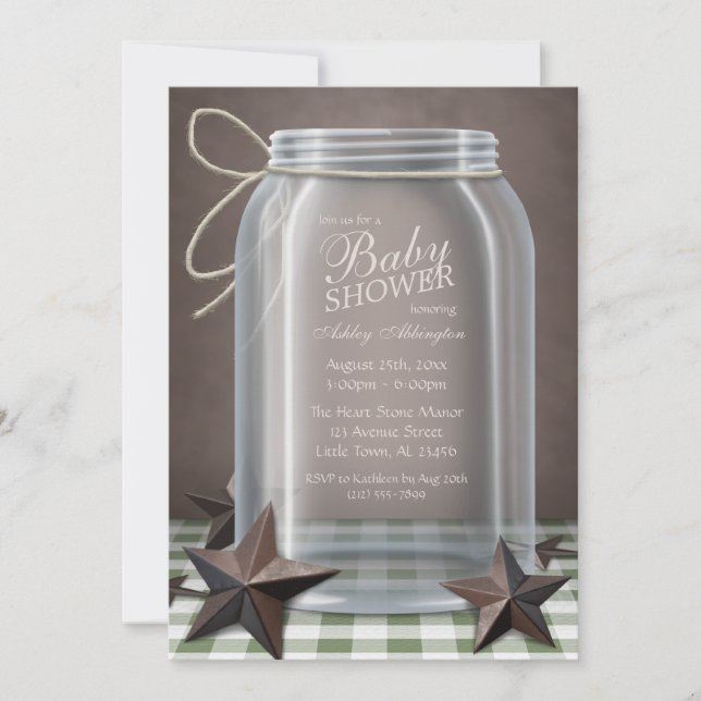 Convites Mason Jar Rustic Stars Green Gingham Chá de fralda (Frente)