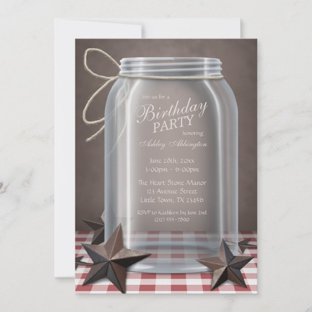 Convites Mason Jar Rustic Stars Red Gingham Birthday (Frente)