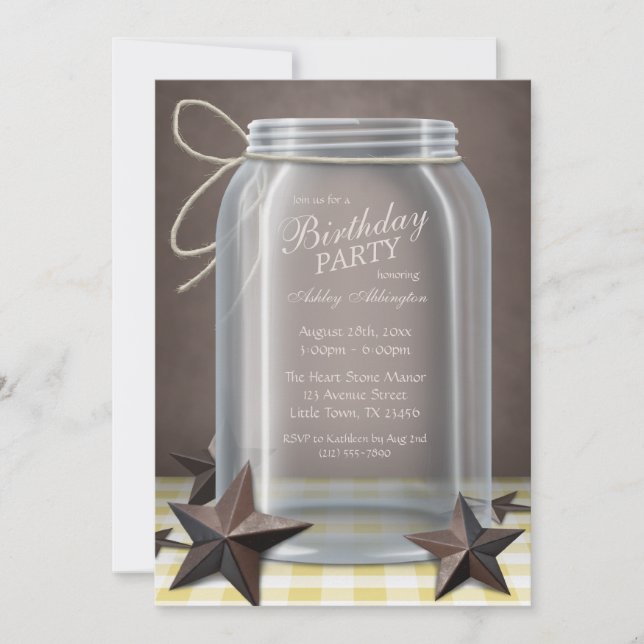 Convites Mason Jar Rustic Stars Yellow Gingham Birthday (Frente)