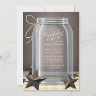 Convites Mason Jar Rustic Stars Yellow Gingham Birthday