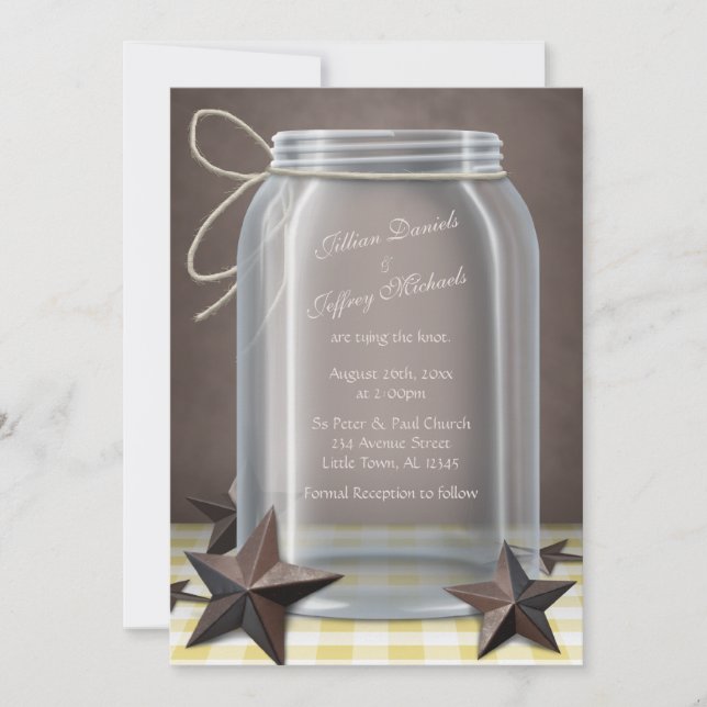 Convites Mason Jar Rustic Stars Yellow Gingham Weding (Frente)