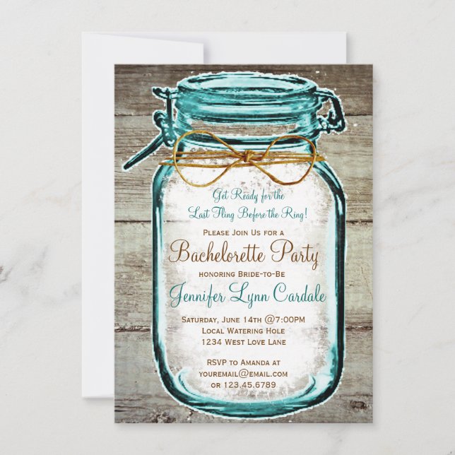 Convites Mason Jar Rustic Wood Festa de solteira Invites (Frente)