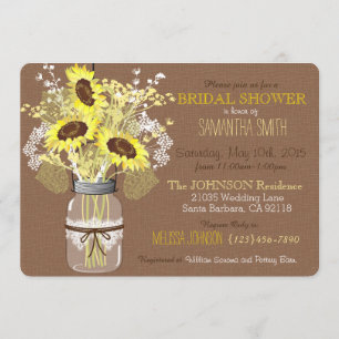 Convites Mason Jar Sunflower Burlap Chá de panela Russo