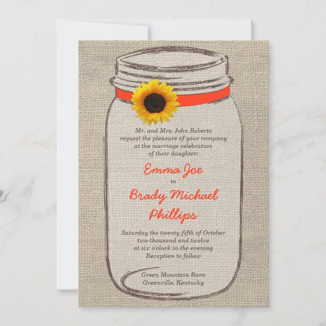 Convites Mason Jar & Sunflower Casation Orange (Frente)