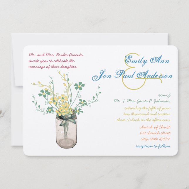 Convites Mason Jar Wild Flower Sage e Mustard Yellow (Frente)