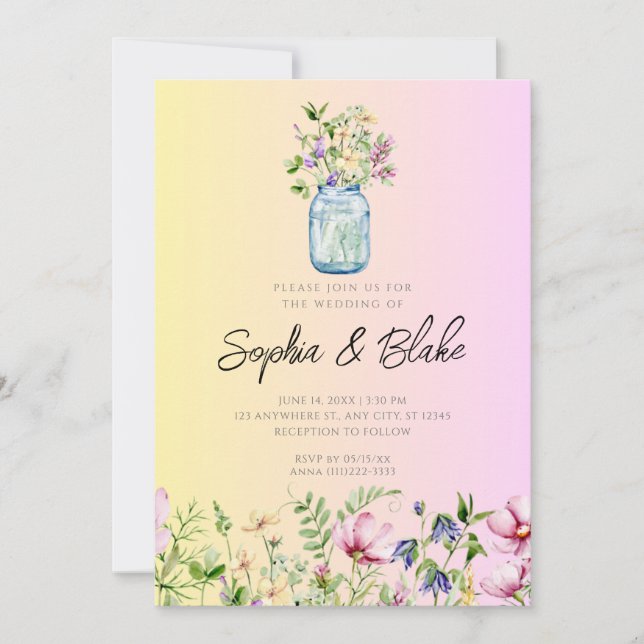 Convites Mason Jar Wildflower Rustic Ombre Casamento Rosa (Frente)