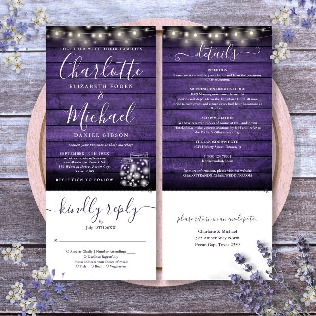 Convites Mason Jars De Madeira Roxa Luz Tudo Em Um Casament (Purple Wood Mason Jars Lights All In One Wedding Invitation)