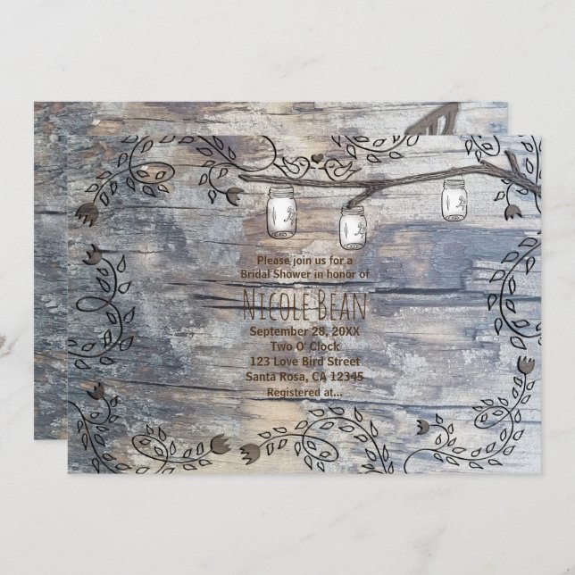 Convites Mason Jars & Love Birds Rustic Branch Invitation (Frente/Verso)