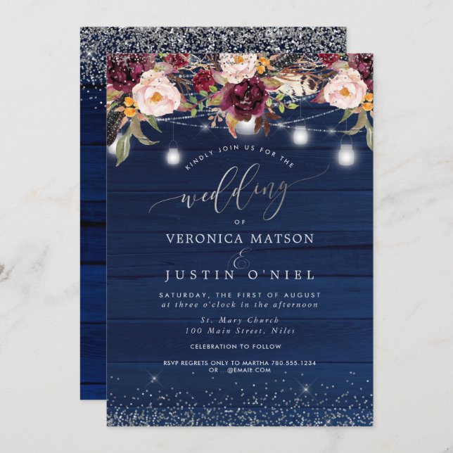 Convites Mason Jars Rustic Wood Marinho Blue+Burgundy Flowe (Frente/Verso)