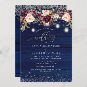 Convites Mason Jars Rustic Wood Marinho Blue+Burgundy Flowe