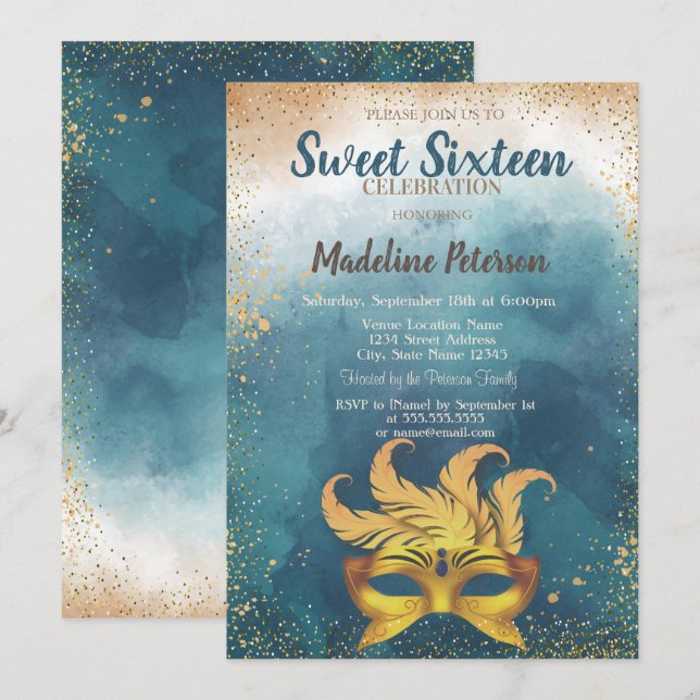 Convites Masque,Confetti Watercolor Splash Sweet 16 (Frente/Verso)