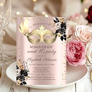 Convites Masque Diamantes Rosas Pretas Rose Gold Doce 16