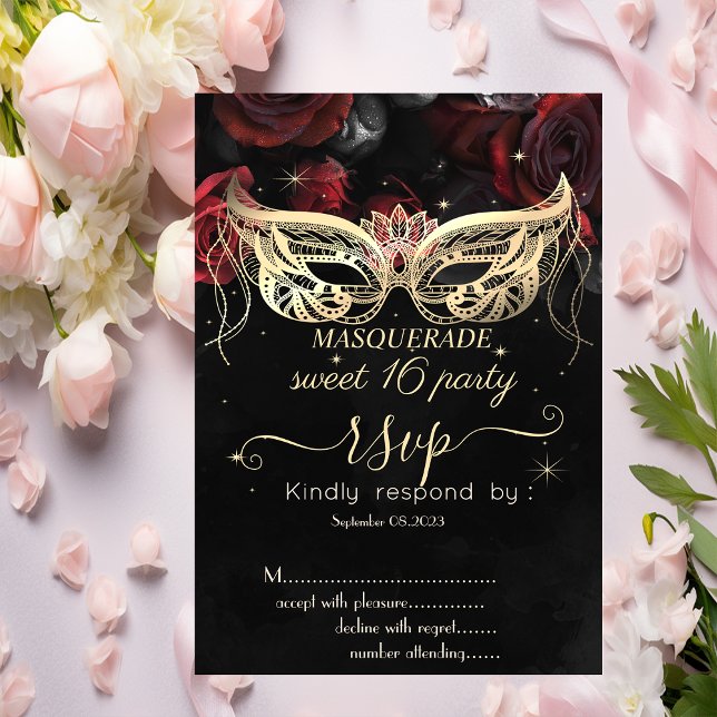 Convites Masque Diamantes Rosas Vermelhas Gótico Doce 16 RS (Criador carregado)