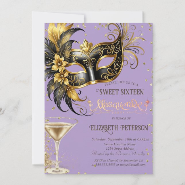 Convites Masque Diamonds Champagne Lavanda Sweet 16   (Frente)