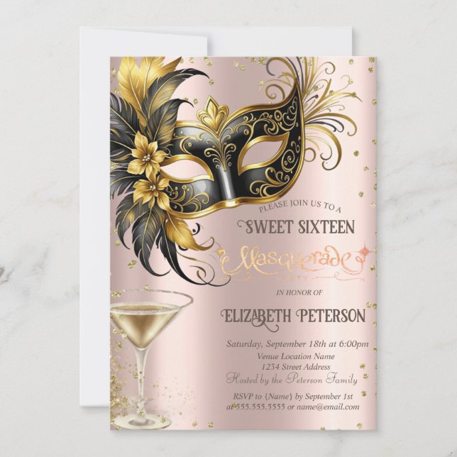 Convites Masque Diamonds Champagne Rose Gold Sweet 16   (Frente)