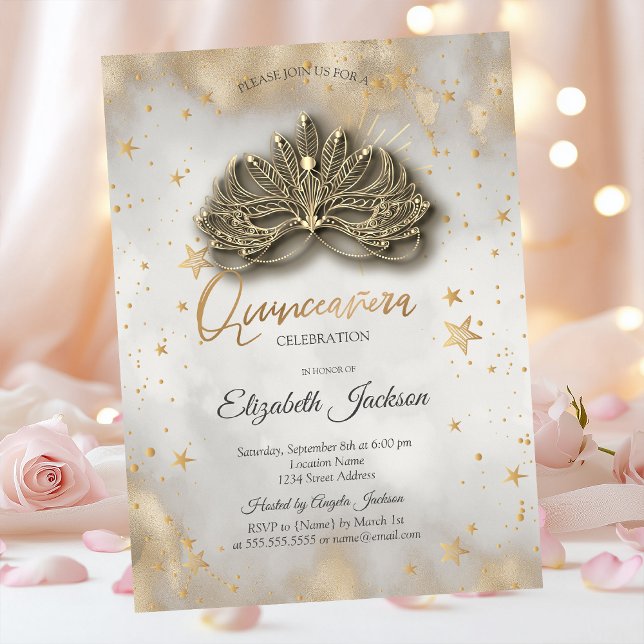 Convites Masque Estrelas Celestiais Dourado Quinceanera (Criador carregado)