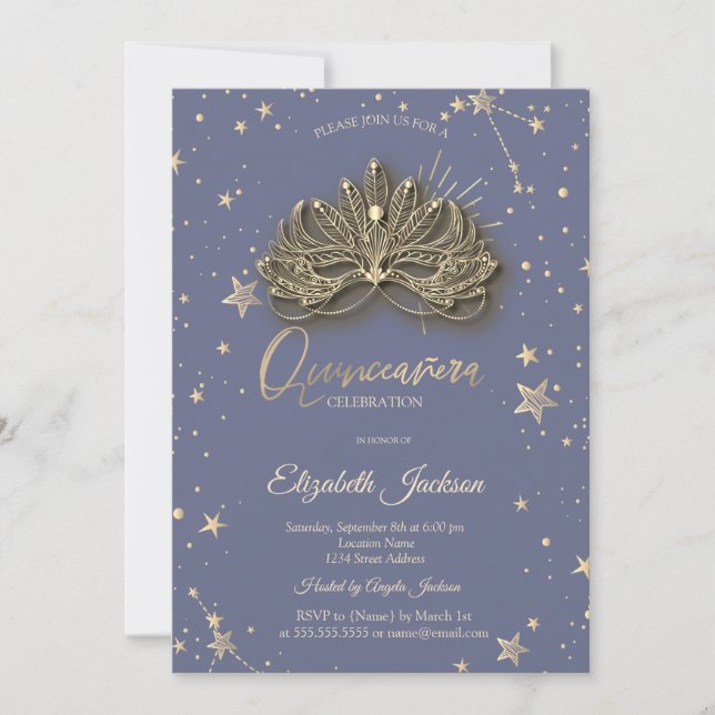 Convites Masque Estrelas Pastel Lavanda Quinceanera (Frente)