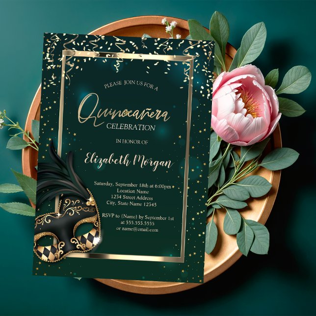Convites Masque,Frame,Confetti Green Quinceañera (Criador carregado)
