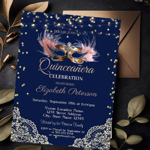 Convites Masque,Luzes de Corda,Renda,Diamantes Azul Quincea