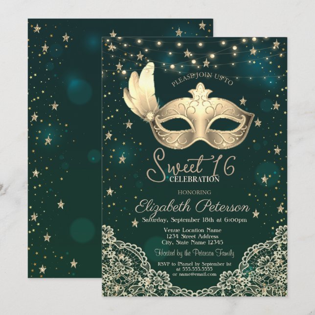 Convites Masque,Luzes de Corda,Renda,Estrelas Verde Doce 16 (Frente/Verso)