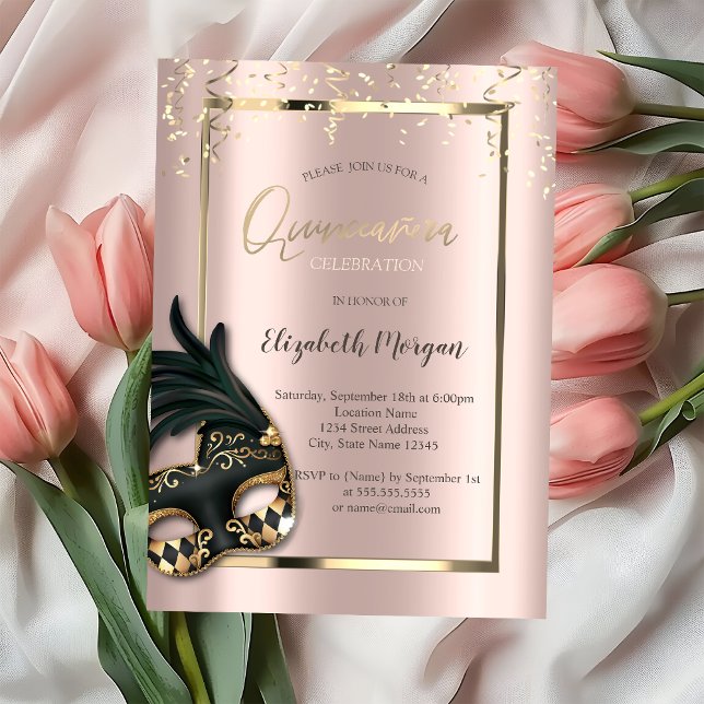 Convites Masque Rosa Dourada Mascarada Quinceañera (Criador carregado)