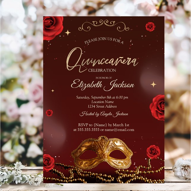 Convites Masque Rosas Pérolas Borgonha Quinceanera (Criador carregado)