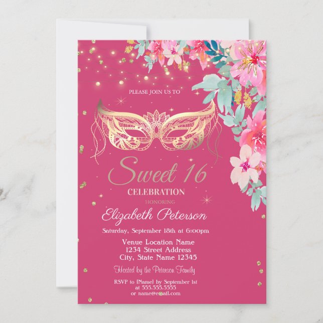 Convites Masquer,Diamantes Flores da Primavera Sweet 16 (Frente)